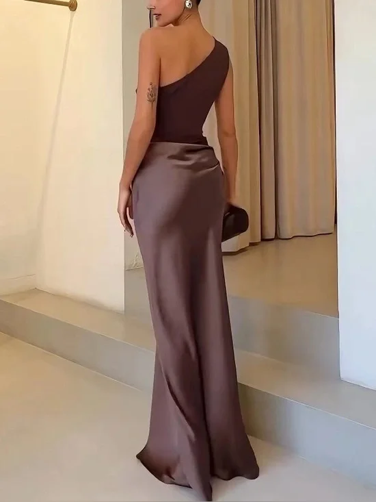 One-Shoulder Chocolate Brown Satin Evening Gown - Picture 2 of 4
